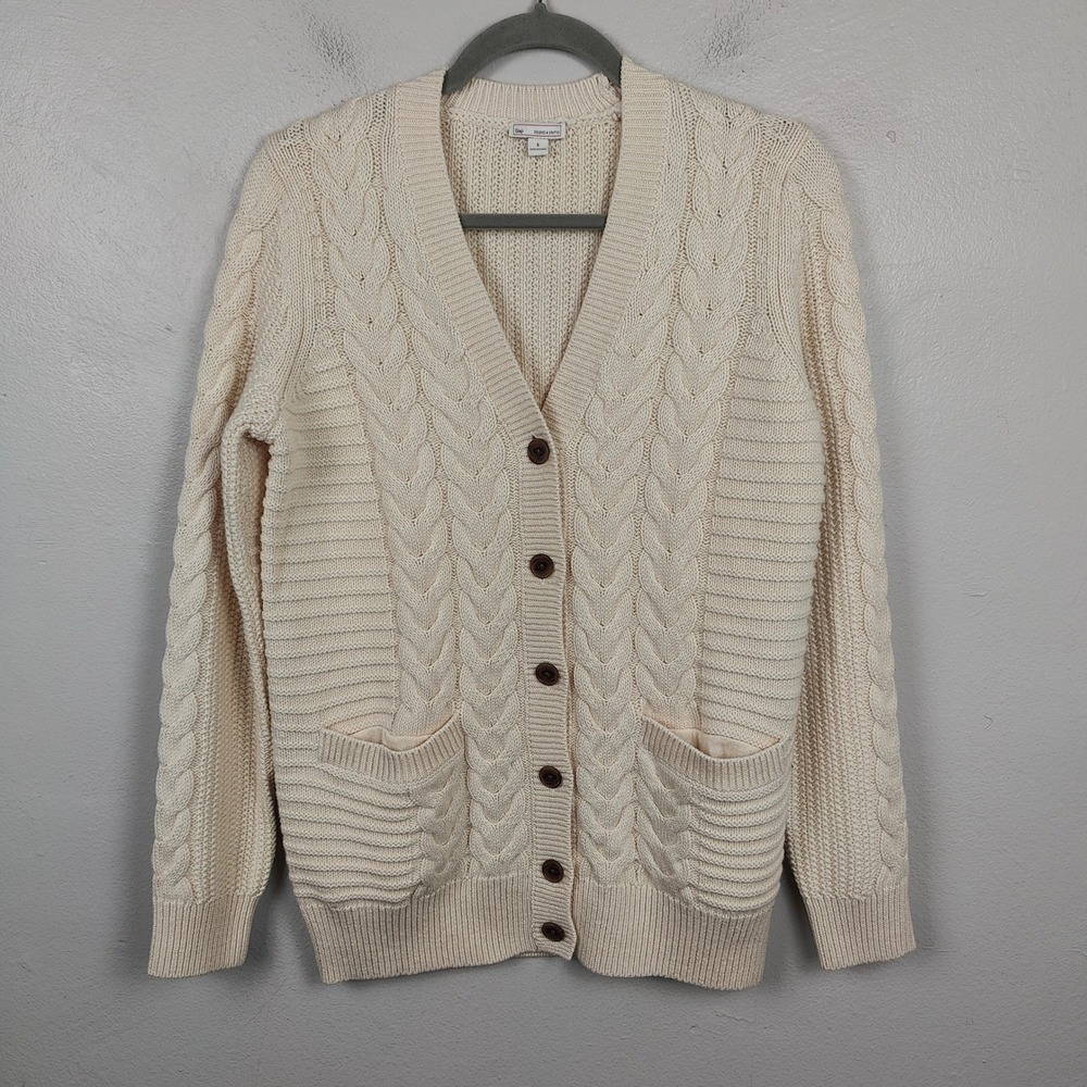 Vintage Gap Cable Knit Cardigan Sweater Womens Small Cream Cotton Wool Preppy - Picture 2 of 8